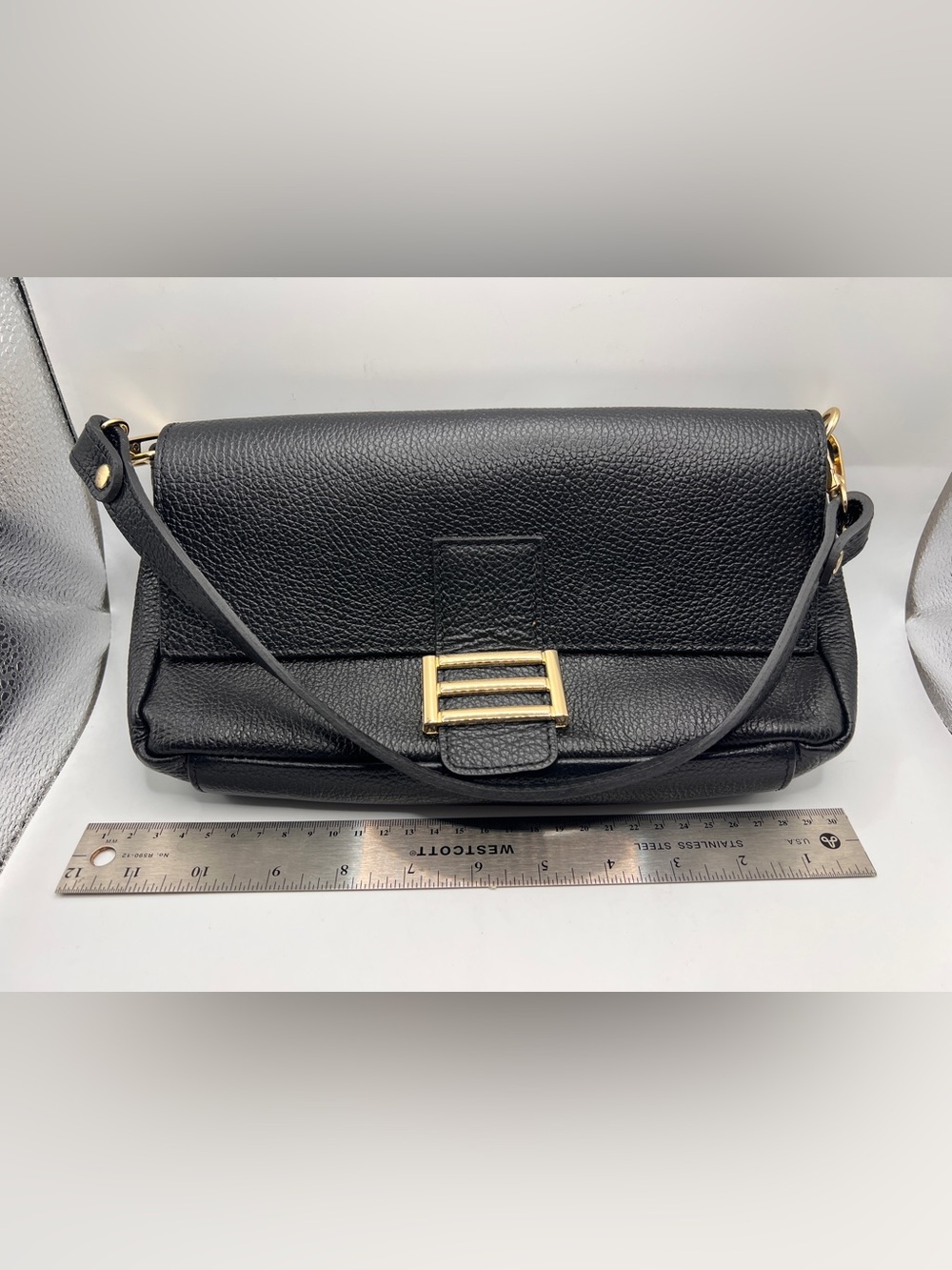 Divina Firenze Italian Black Leather Shoulder Bag with Gold Buckle
